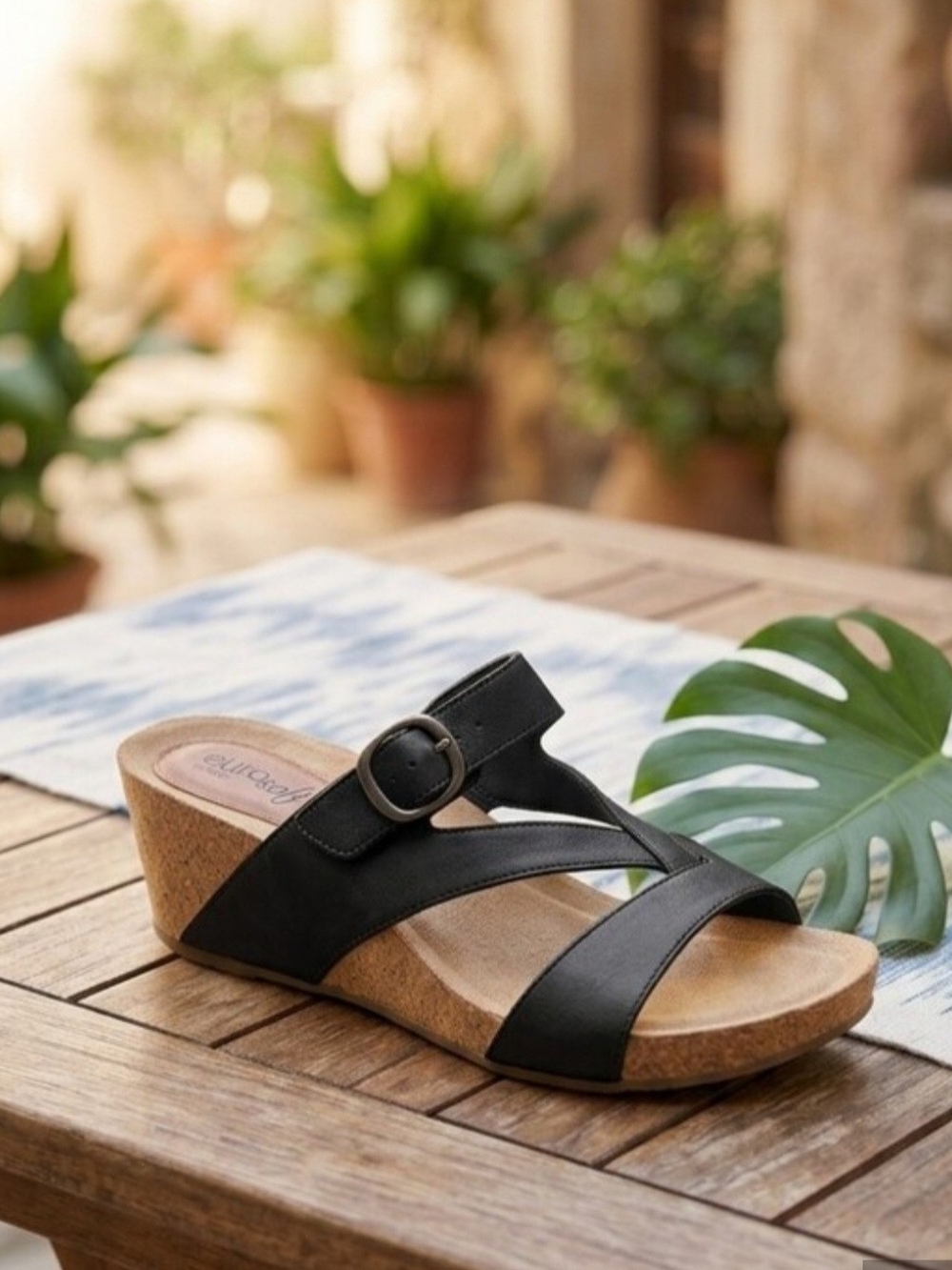 SOFFT Black Wedge Heel Slide Sandals with Buckle